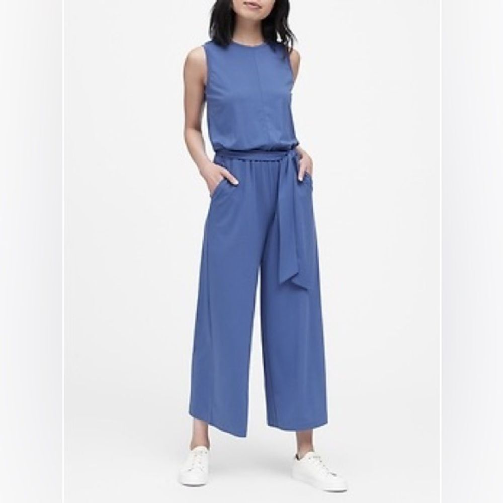 Banana Republic Women’s Blue Soft Ponte Cropped Wide-Leg Jumpsuit Size 12
